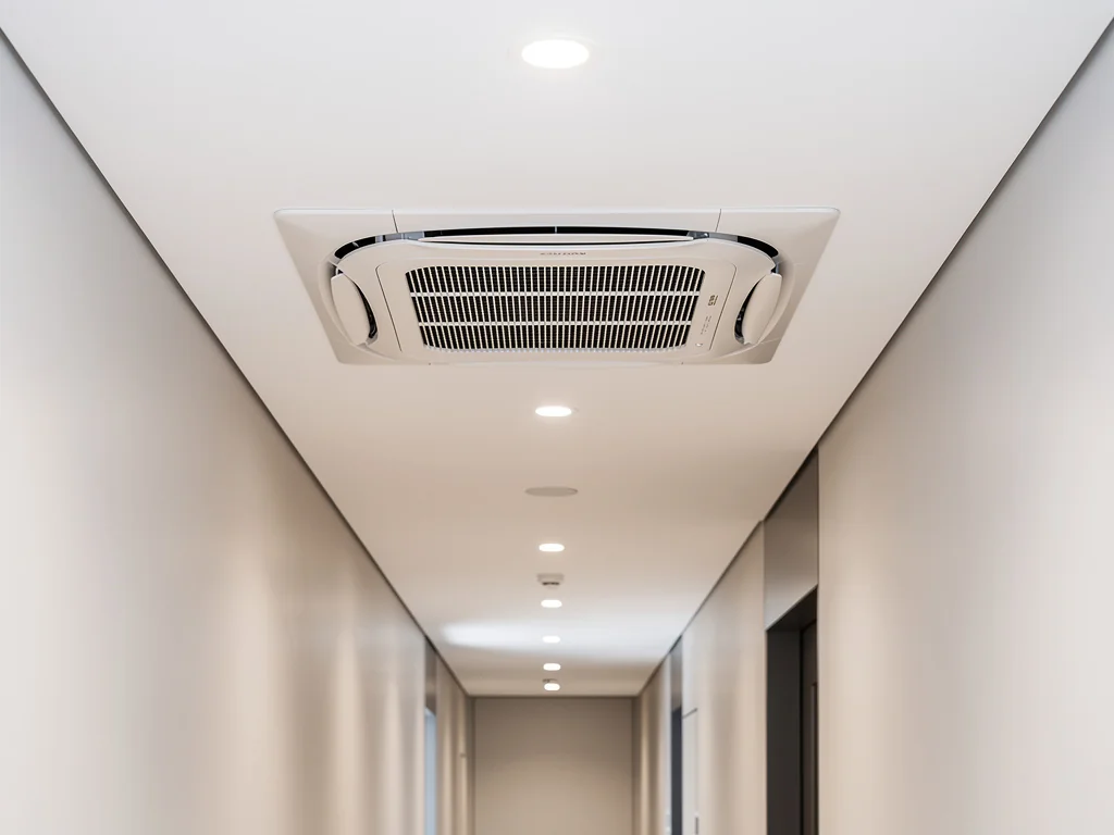 Cassette de climatisation encastrée dans le plafond d'un couloir de logement